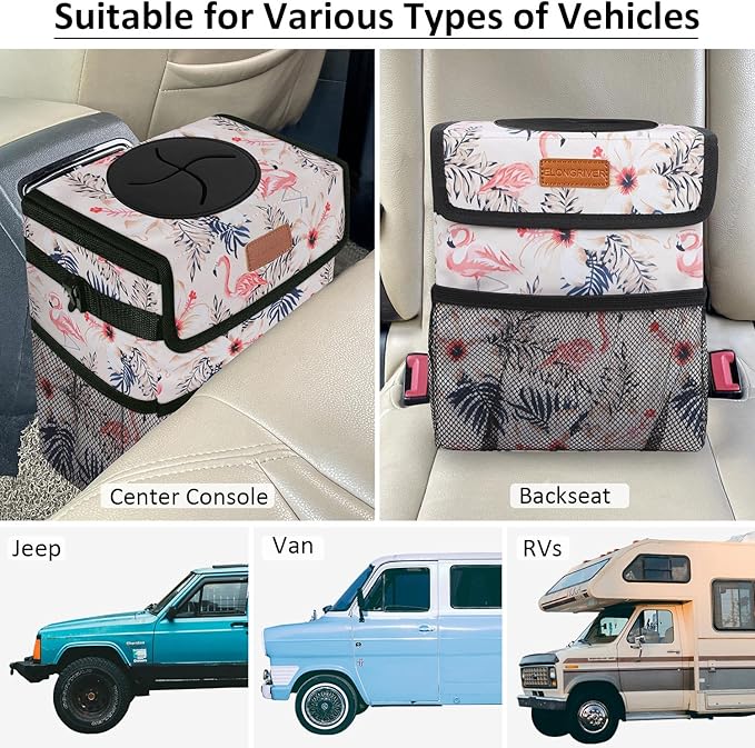 ELONGRIVER Car Trash Can Bin for Back Seat Leak Proof, Cute Car Trash Bag Hanging, Vehicle Trash Can for SUV Truck Van, Automotive Garbage Cans Front Seat Flamingos, 2 Gallons