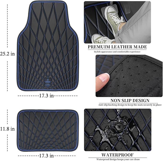 CAR PASS Faux Leather Floor Mats for Cars, Luxury Waterproof All Weather Car Mats Full Set, Anti-Slip Deluxe Automotive Mats Universal Fit for Most SUV,Vans,Sedans,Trucks, 4 Piece Black and Blue