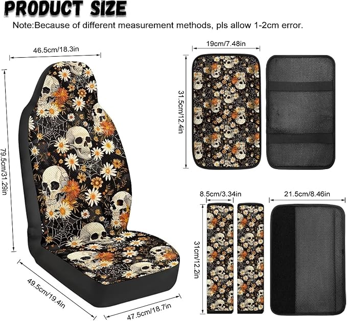 Oramclsy Skull Car Front Seat Set + PU Breathable Armrest Pad Seat Belt Covers 5 Pack Daisy Car Accessories Universal Auto Protector