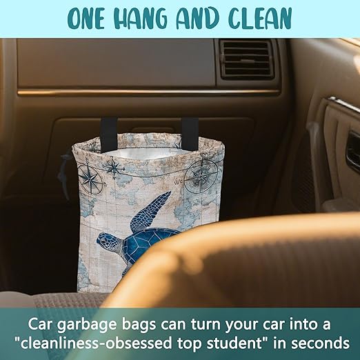 KXWQTRDD Car Garbage Bag Vintage Blue Sea Turtle Sailing Ships Drawstring Car Trash Bag Hanging for Back Seat with Adjustable Buckle Canvas Vehicle Trash Can Easy-to-Install