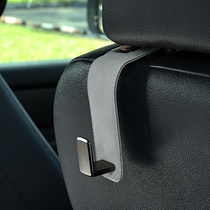 Amooca Car Seat Back Hook Universal Auto Storage Hanger Suede with Metal Car Seat Organizer for Handbag Purse Coat Umbrellas Grocery Bags 2 Pack Light Gray