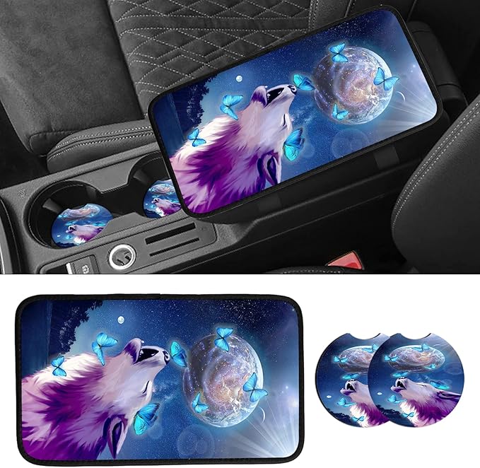 JANENFNA Car Armrest Cover Pads Universal Fashion Cute Auto Center Console Armrest Cover Pad with 2PCS Car Coasters Soft Waterproof Car Armrest Seat Protector for Women,Growling Wolf Butterfly