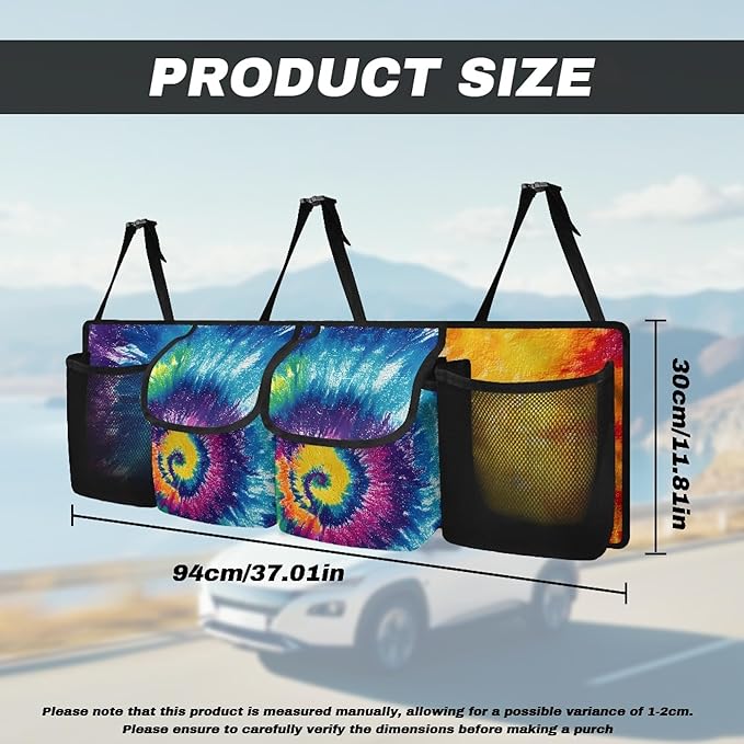 CLOHOMIN Rainbow Tie Dye Car Trunk Organizer Hanging Back Seat Storage Bag with 4 Pockets Large Capacity Trunk Organizer for SUV Truck Sedan Car Interior Accessories