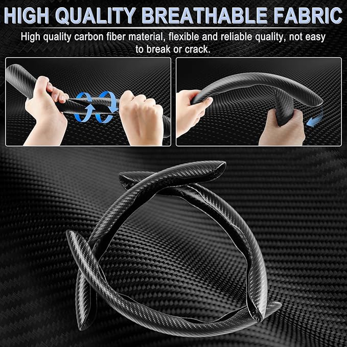Amiss 3pcs Carbon Fiber Anti-Skid Steering Wheel Cover, Waterproof & Segmented Butterfly Design, Universal 99% Vehicle Wheel Cover Protector, Car Interior Accessories, Black