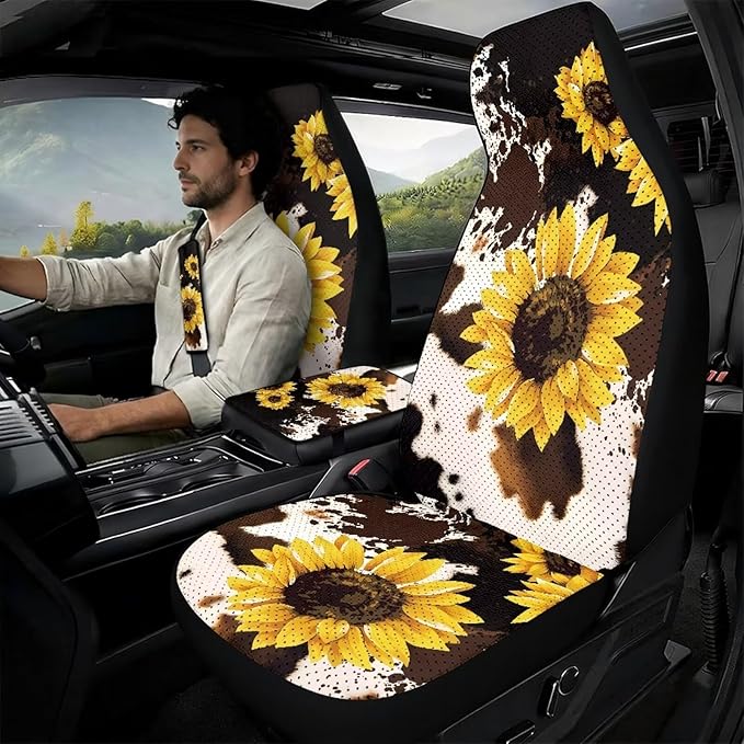 Psesaysky Universal 5PCS Car Seat Covers Set, Brown Cow Sunflower 2 Front Leather Seat Protectors, 1 Armrest Cover, 2 Padded Seat Belt Covers for Sedan SUV Truck Van