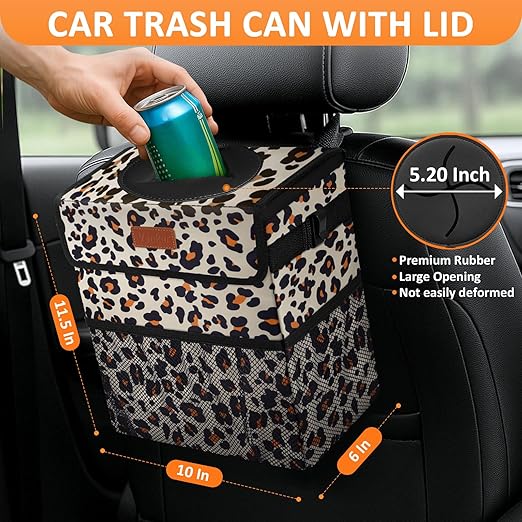 Vankor 3 Gallons Cute Car Trash Can, Car Accessories for Interior Leak Proof Can Trash Bag Hanging Waterproof Automotive Vehicle Garbage Cans Leopard Print Pattern
