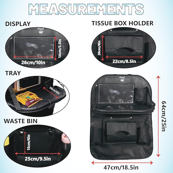 PINUK Car Backseat Organizer with Built-in Foldable Tray | Double Layered Leather, Waterproof Car Seat Organizer with - Pockets | Easy Installation, Perfect for Family Trips and Daily Use
