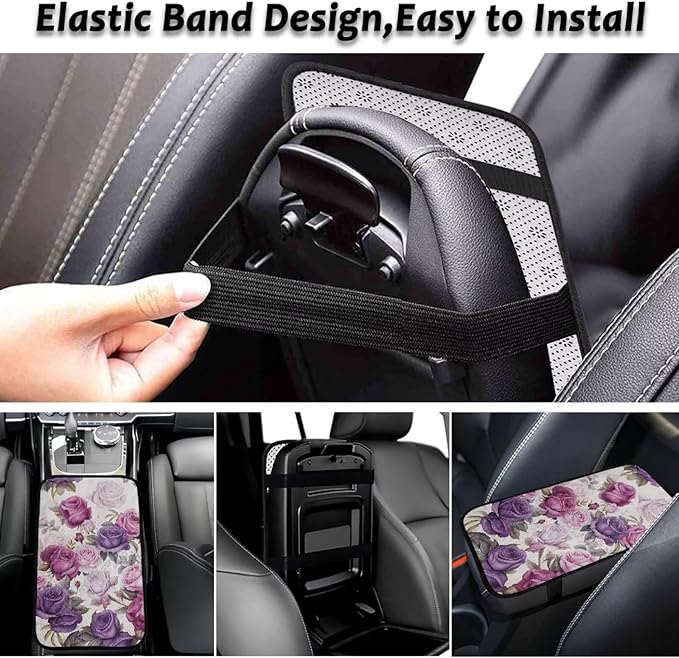 Bulopur Purple Rose Print Center Console Cover Car Center Console Cover Fashion Auto Interior Protect from Pet Claws Flannel Car Console Covers Fit for Most Cars, Vehicles, SUVs