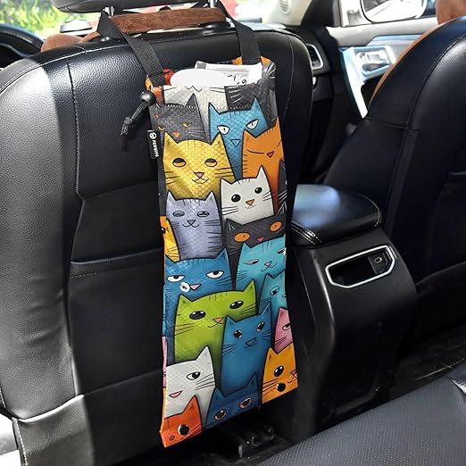 ALAZA Hanging Car Trash Bags Garbage Bag Trash Can for Back Seat Small Colorful Cat Vintage Washable Storage Bag Retractable 2 Pack