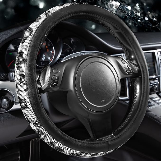 CAR PASS Bling Cow Print Diamond Steering Wheel Cover, with Sparkly Crystal Glitter Rhinestones Black Leather Car Wheel Protect for Women Girl Fit Suvs,Vans,Sedans,Cars,Trucks, 14" 1/2-15" Cow Design