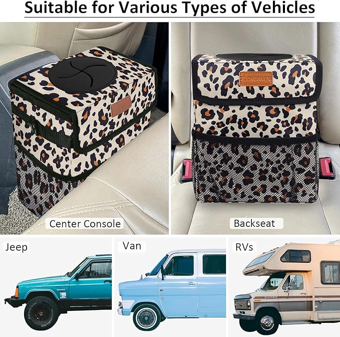 ELONGRIVER Car Trash Can Bin for Back Seat Leak Proof, Cute Car Trash Bag Hanging, Vehicle Trash Can for SUV Truck Van, Automotive Garbage Cans Front Seat Leopard Print, 2 Gallons