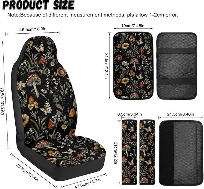 Qeluxign 5 Piece Car Seat Covers Full Set,Front Seats Cover/Auto Seatbelt Shoulder Pads/Vehicle Center Console Armrest Cover,Universal Car Accessories Men Women Gifts,Mushroom Floral Butterfly
