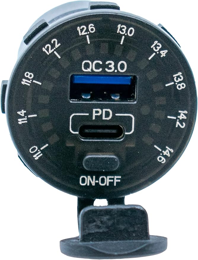 12/24V Socket Dual USB Type C PD 3.0 (36W) + USB A (18W) Fast Charger with Built-in Voltmeter & Power Switch for Car, Boat, Marine & RVs