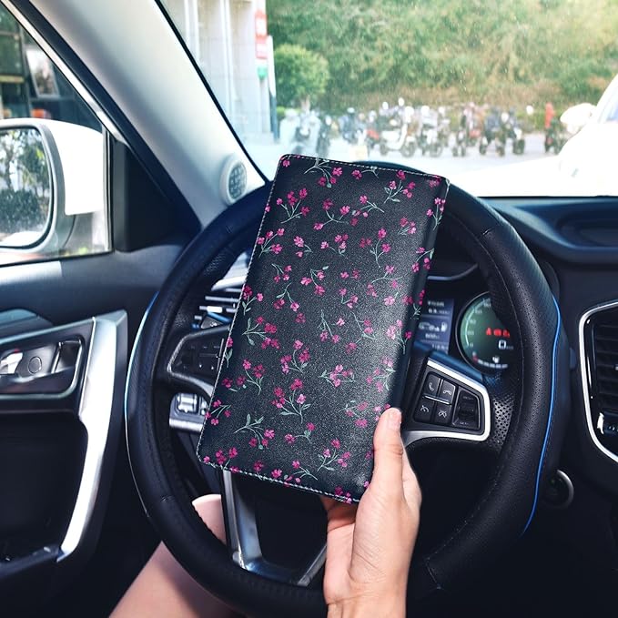 ALAZA Pink Purple Floral Car Registration and Insurance Card Holder Vehicle Glove Box Car Organizer Driver License Documents Holder Waller Case Organizers