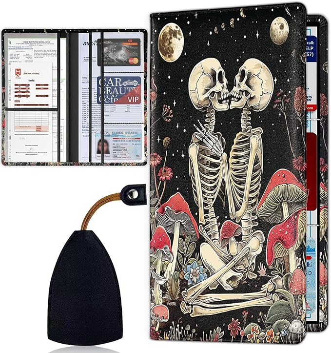 Car Registration and Insurance Card Holder for Women Men, Waterproof PU Leather Glove Box Car Organizer with Magnetic Shut, Vehicle Document Holder for Driver License,Cards, Flower with Skeleton