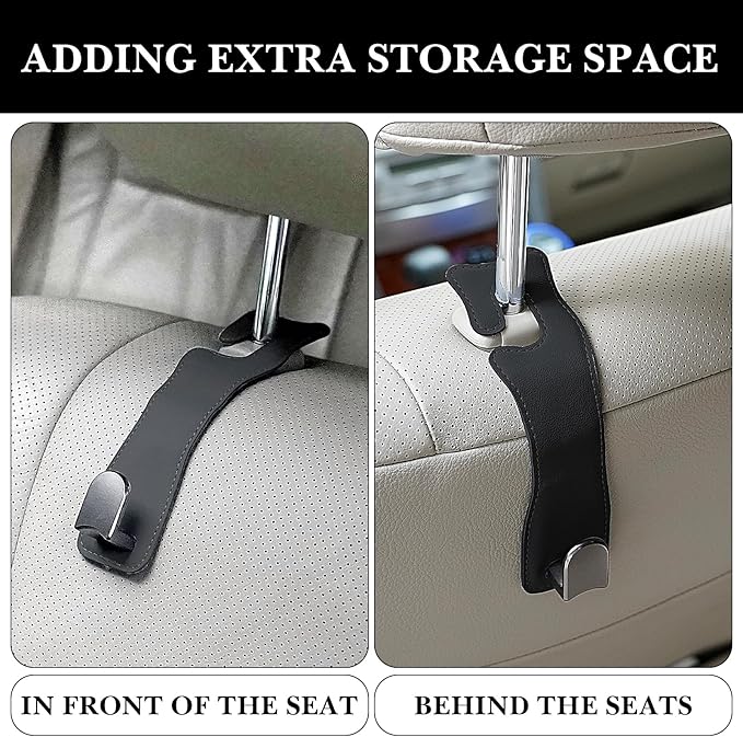 Adorila Headrest Hooks for Car - Leather Hanger with Metal Hooks for Seat Back Storage & Purses (Black, 2-Pack)