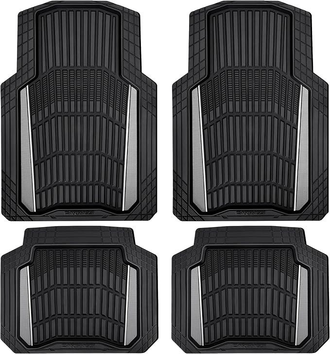 CAR PASS Heavy Duty Rubber Car Floor Mats, Deep Waterproof Car Floor Mats All Weather, Aluminum Film Floor Mats for Cars Non-Slip Universal Trim to Fit for SUVs Trucks Sedans Vans, Black Grey Metallic