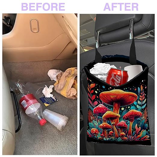 UUCBTAH Car Trash Bag Hanging Colorful Mushrooms Car Trash Can for Back Seat Waterproof Car Trash Bin with Adjustable Straps and Drawstring for Car Accessories Vehicle Travelling Camping