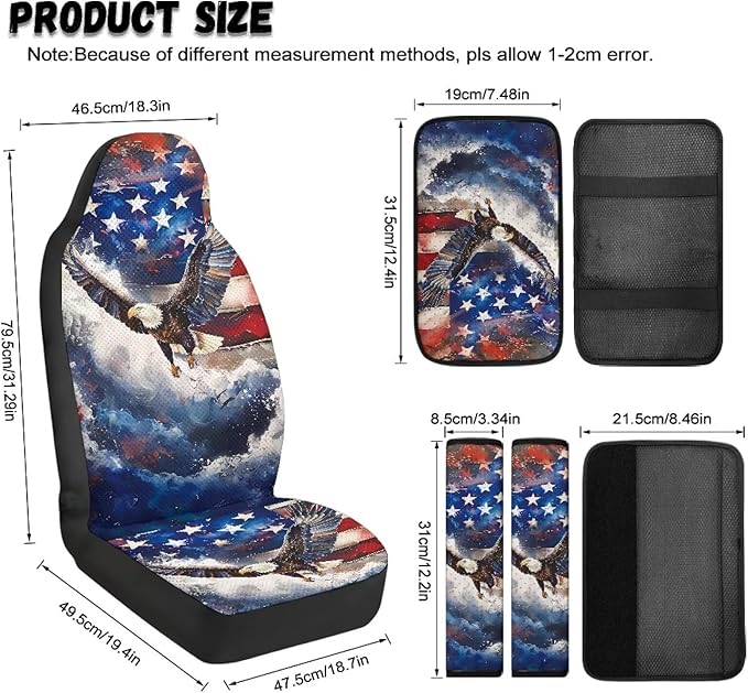 Qeluxign Car Accessories Set for Women American Flag Bald Eagle Center Console Armrest Pad Seat Belt Cushion Universal Car Accessories for SUV Van Truck