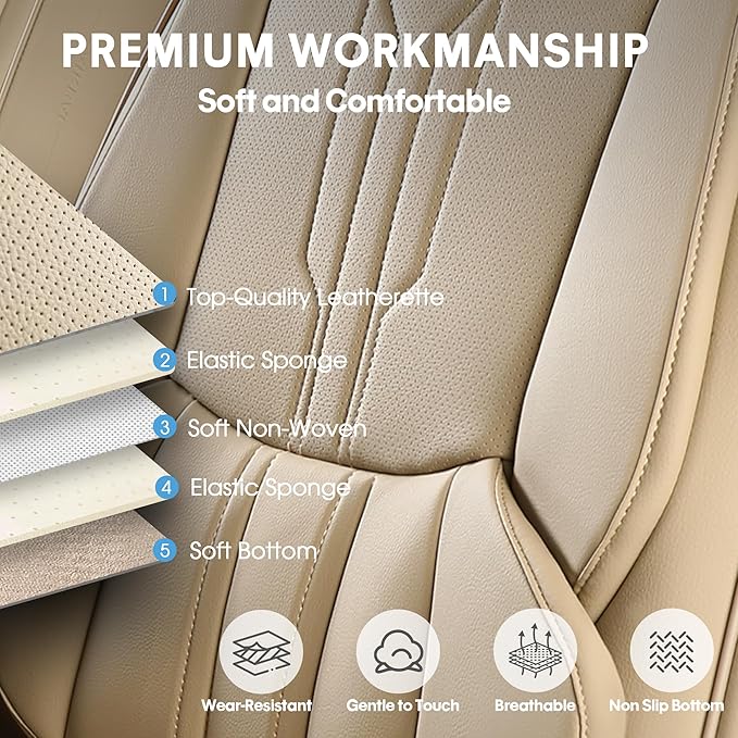 AOOG Front Seat Covers, Car Seat Covers Front Seats, Leather Seat Covers for Cars, Waterproof Seat Covers with Lumbar Support Universal Fit for Most Cars SUV Trucks(Front Pair, Beige)