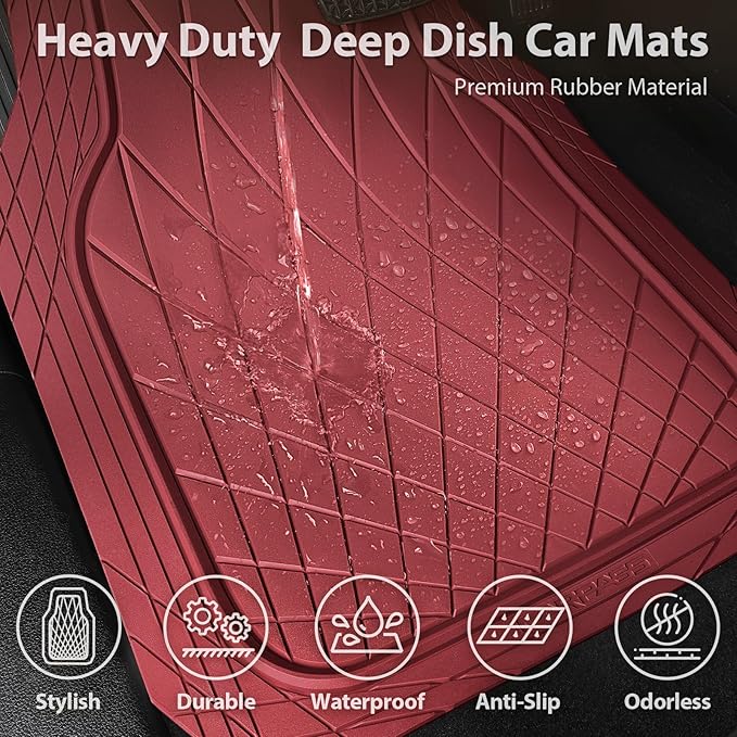 CAR PASS Heavy Duty Rubber Car Floor Mats, Waterproof Universal Trim-to-Fit Car Mats All Weather Floor Mats for SUV Truck Sedan, Premium Auto Floor Mats Full Set 3 Piece Anti-Slip, All Burgundy Red