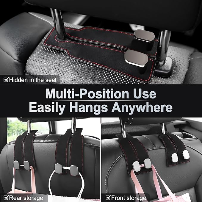 LivTee Car Hook, 2-Pack Leather & Iron Headrest Mount Hangers for Bags, Coats & Phones (Black)