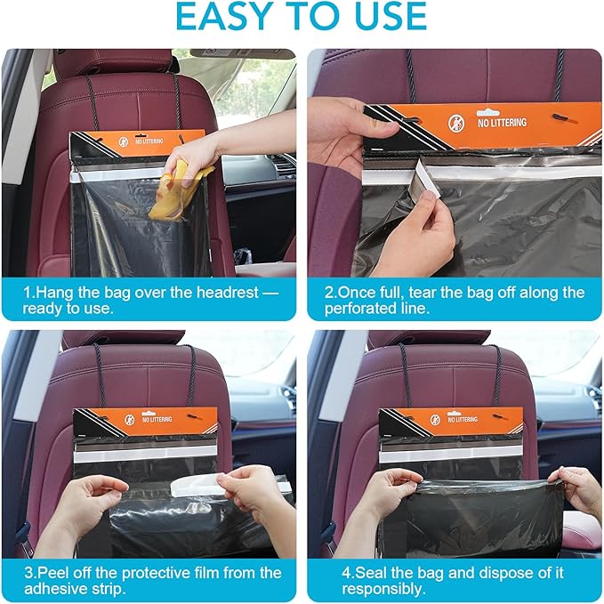 40 Pcs Disposable Car Trash Bag - Large Capacity - Car Garbage Bag Hanging from Headrest - Easy to Stick-On, Leakproof, Smellproof Car Trash Can, Puke Bags - Ideal for Travel, Camping, and Home Use