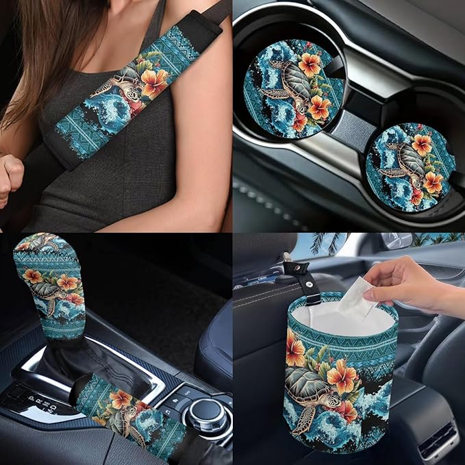 Dngkaoje 13 Pcs Sea Turtle Car Seat Covers Full Set for Men Women Auto Interior Seat Protector Full Set Hawaiin Sea Turtle Printed Hanging Trash Bag,Seatbelt Shoulder Pads,Armrest Pad,Cup Mats