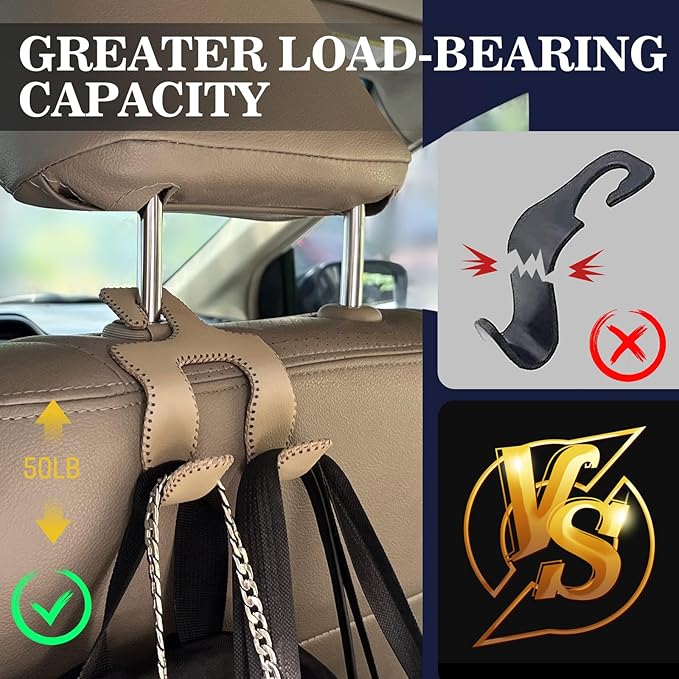 TISOHUGO Upgraded Headrest Hooks for Car, 2 in 1 Back Seat Purse Holder Hook Genuine Leather Head Rest Hangers Vehicle Organizer Accessories for Hanging Grocery Bags, 1 Pack, Beige