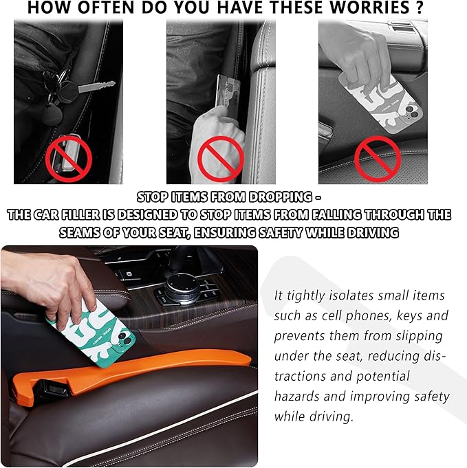 Junecarp Car Seat Gap Filler 2 Pack,Flexible Car Gap Filler Organizer to Stop Items from Dropping,Essential Interior Car Accessories Seat Gap Plug Perfectly Fits Car Gap (Orange)