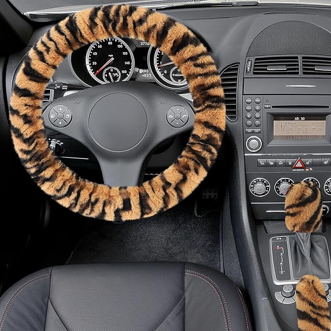 Accmor Fluffy Car Steering Wheel Cover, Universal Fuzzy Auto Wheel Cover & Handbrake Cover & Gear Shift Cover Set, Anti-Slip Tiger Stripe Warm Fur Vehicle Wheel Protector Car Accessories for Men Women