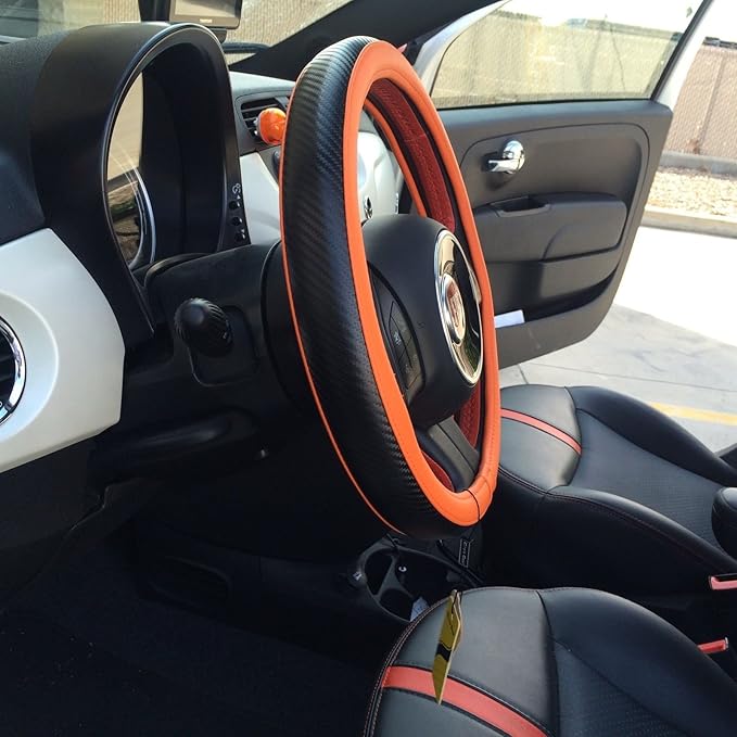 Jdragon Orange & Carbon Fiber Style PVC Leather Slip-On Steering Wheel Cover 14.25-15" Diameter