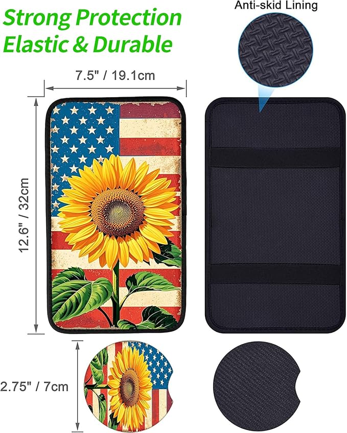 JANENFNA Car Armrest Cover Pads Universal Fashion Cute Auto Center Console Armrest Cover Pad with 2PCS Car Coasters Soft Waterproof Car Armrest Seat Protector for Women,Flag Sunflower
