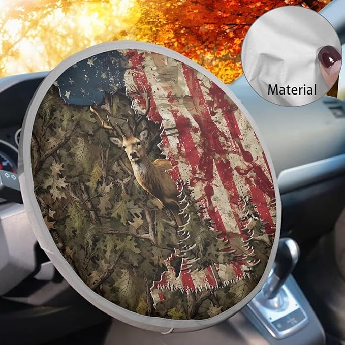 17x17 inch Steering Wheel Sun Shade Steering Wheel Sun Cover Heat Resistant Vehicle Accessories Universal Fit Car SUV Truck Van, American Flag Deer Elk Deadwood Pattern