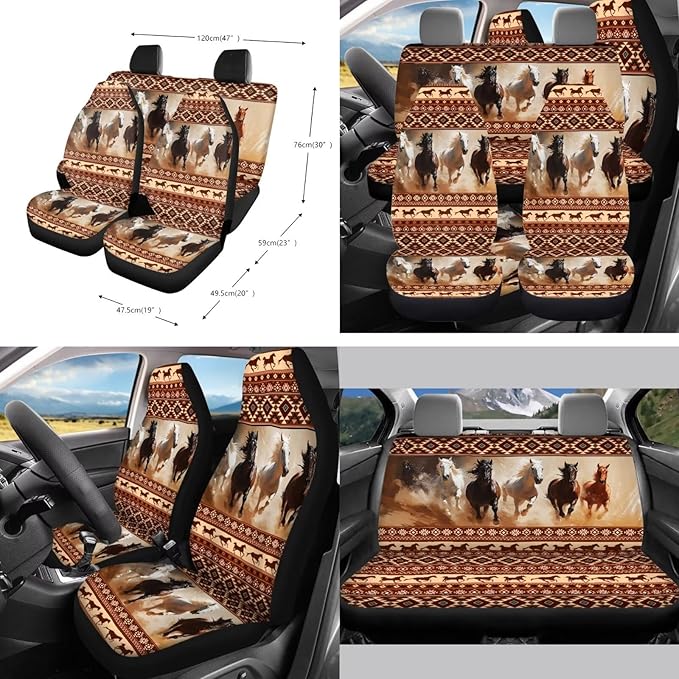 Horse Aztec Printed Car Accessories Sets for Women, Universal Front and Rear Split Bench Seat Covers for Cars with Matching Steering Wheel Cover Trash Can Air Vent Storage Bag Coaster
