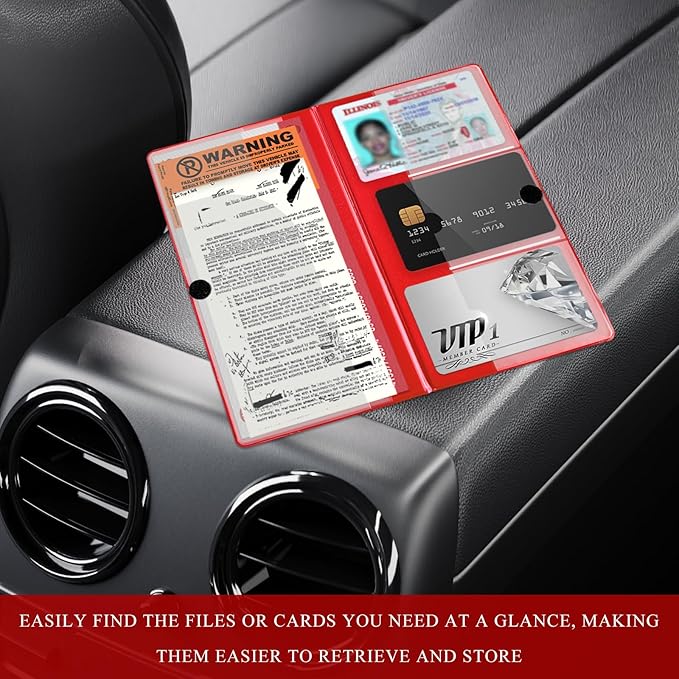 Car Registration and Insurance Holder, 9.56"×5.19" Glove Box Organizer Vehicle Document Holder, Waterproof Essential Driving License Wallet Case for Sedan Truck SUV (Glossy Large Car, Red)