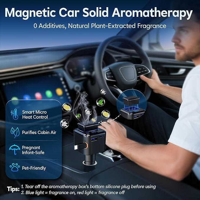 Retractable Car Charger, 6 in 1 Magnetic Car Solid Aroma Diffuser with 97.5W USB C Fast Charging Car Phone Chargers Adapter, Voltage Display for iPhone 17 16 15 14 & Android—Shop Offers Scent Refills