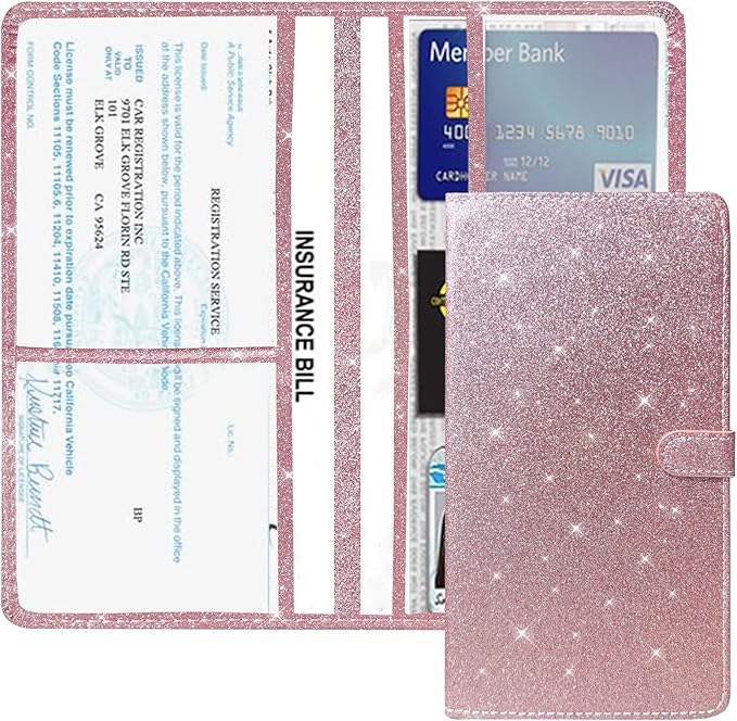 Vehicle Glove Box Car Organizer, Car Registration and Insurance Holder, Insurance Card Holder for Cars, Leather Card Holder Interior Auto Accessories for Women (Glitter-Pink)