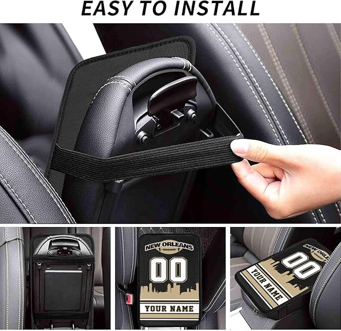 Custom New Orleans Car Armrest Covers Personalized Football Style with Name Number Customized Auto Center Console Pad Car Handrail Box Cushion for Most Vehicle Decor Accessories, Fans Gift