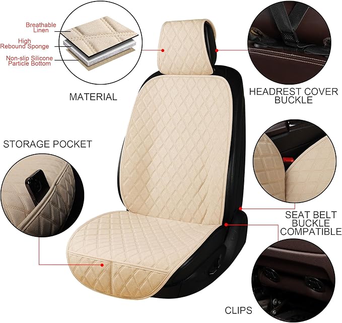 ENOGE Linen Car Seat Covers Front Seat Covers Breathable Cloth Fabric Car Seat Protector Universal Fit Most Automotive, Van, SUV, Trucks (Beige, 2 Front)