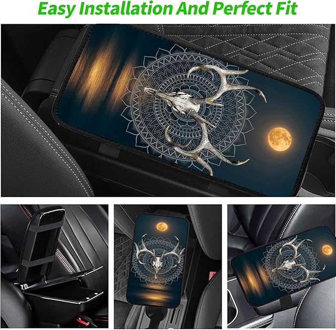 JANENFNA Car Armrest Cover Pads Universal Fashion Cute Auto Center Console Armrest Cover Pad with 2PCS Car Coasters Soft Waterproof Car Armrest Seat Protector for Women,Deer Buck Skull