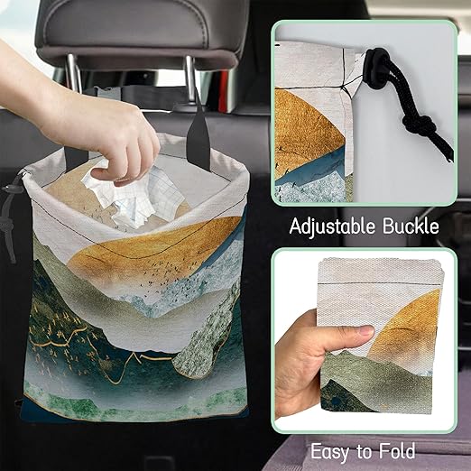 NHNXHWIA Green Mountains Car Garbage Bag,Golden Sunset Waterproof Small Car Trash Bag Hanging Back of Seat,Drawstring Hanging Car Trash Bag with Adjustable Buckle for Car Accessories