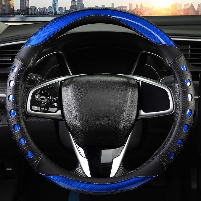 QCYP PU Leather Car Steering Wheel Cover with Anti-Slip Grip, for Women and Men, Universal Fit for 14.5-15 Inch Cars, Trucks, SUVs (Blue (Round), Medium(Standard) Size[14 1/2''-15''])