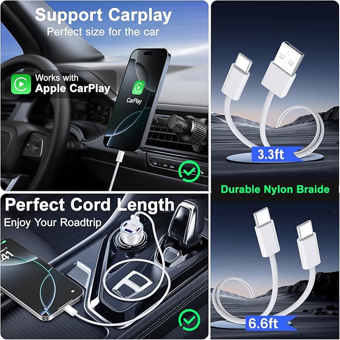 65W Car Charger for iPhone 17/16 Pro Max, 4 Port USB C Car Charger Fast Charging with 2Pack USB C Cables,Fast Car Phone Charger Cigarette Lighter Adapter for iPhone 17 16 15 Pro Max,iPad,Galaxy
