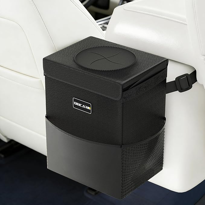 Beicarin Car Trash Can with Lid - Trash Bag Hanging with Storage Pockets Leak-Proof Organizer Collapsible and Portable Waterproof Garbage Bin, 2.2 Gallons Multipurpose Trash Bin for Car