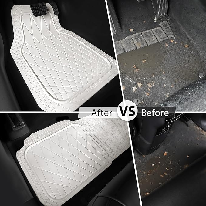 CAR PASS Heavy Duty Rubber Car Floor Mats, Deep Dish All Weather Car Mats Full Set, 3 Piece Waterproof Premium Anti-Slip Floor Mats Rugs Universal Trim to Fit for 95% Sedan SUV Van Truck, White