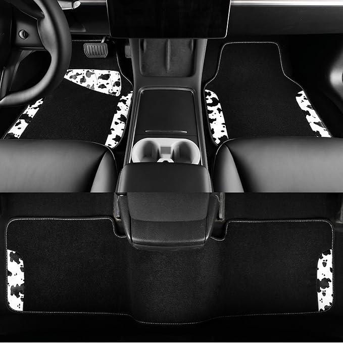 CAR PASS Waterproof Universal 3Pcs Car Floor Mats, Cow Print Car Mats Fit for SUV,Vans,sedans, Trucks,Set of Vehicles Car Carpet with Driver Heel Pad and Nibs Backing, Cute Women Girly (Black White)