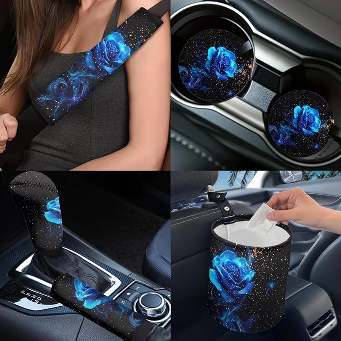 Dngkaoje 13 Pack Romantic Rose Car Seat Cover Full Set for Women Auto Interior Accessories Set with Blue Rose Leakproof Hanging Vehicle Trash Bin,Handbrake Shift Covers,Steering Wheel Covers