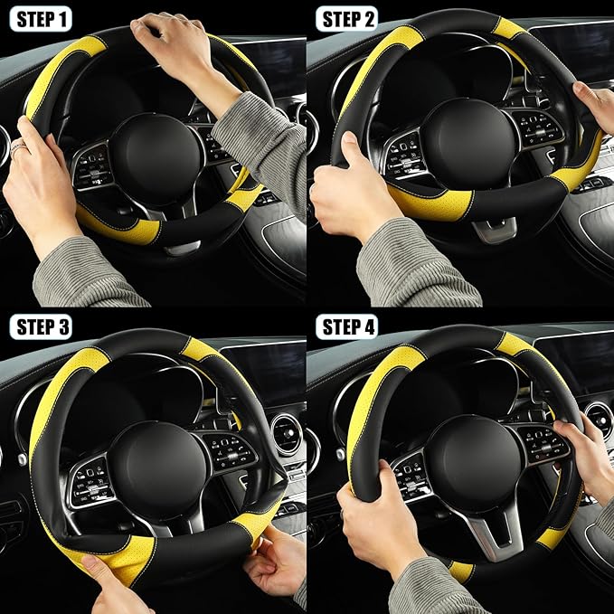 Binsheo Microfiber Leather D Shaped Steering Wheel Cover, Breathable, Anti Slip, Universal 15 inch, Black with Yellow