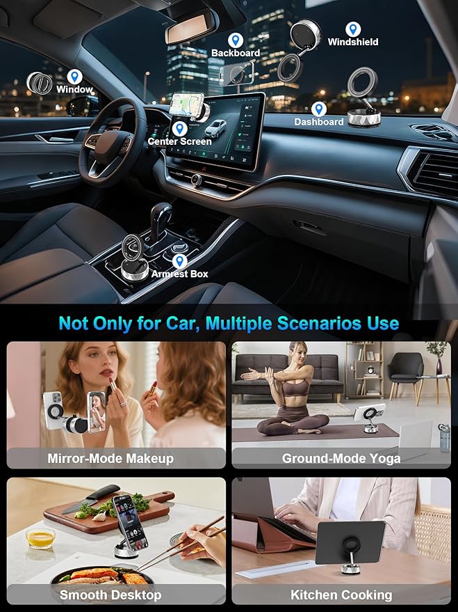 Vacumm Magnetic Phone Holder, Magnetic Phone Holders for car, Suction Cup&Nano Gel&N55 Strong Magnet, Magsafe Phone Mount of Car Accessories for iPhone 17 16 15 14 13 (Silver)